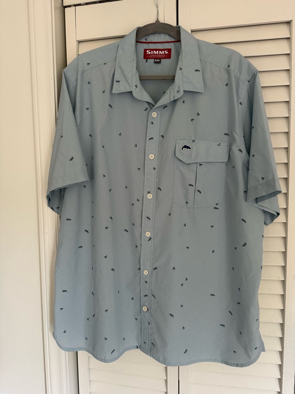 Simms Light Blue Short-Sleeve Button-Down Shirt with Micro Fish Print